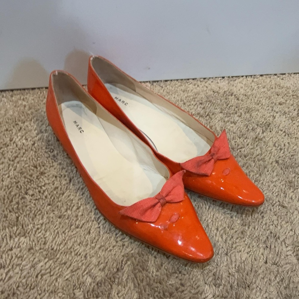 Marc Jacobs Shoes Womens Size 8.5 Orange Patent Ballet Flats Bow Made In Italy - Picture 3 of 11
